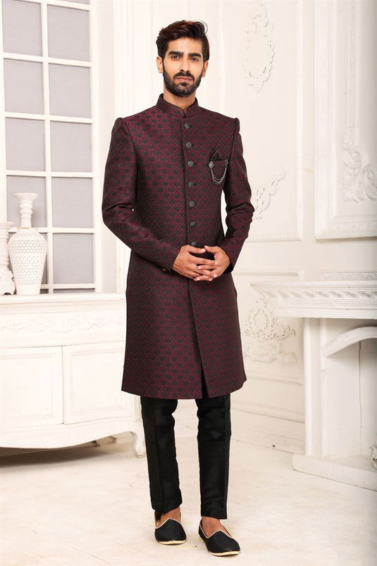 Enriching Red Color Brocade Fabric Indo Western For Men