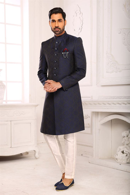 Engaging Navy Blue Color Brocade Fabric Indo Western For Men