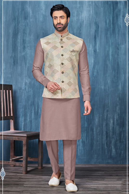 Embroidery Work Pretty Banarasi Silk Fabric Sangeet Wear Readymade Men Kurta Pyjama With Jacket