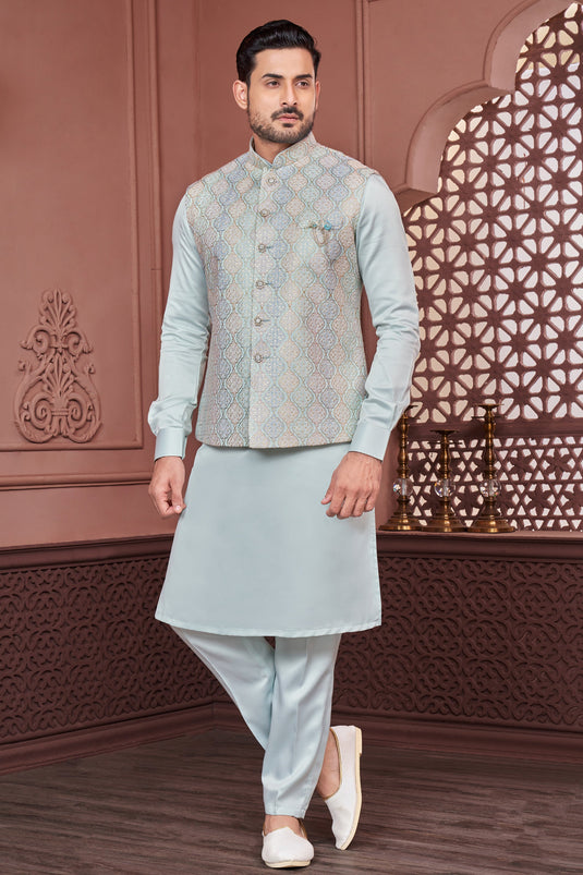 Embroidery Work Banarasi Silk Sky Blue Color Sangeet Wear Readymade Kurta Pyjama For Men With Jacket