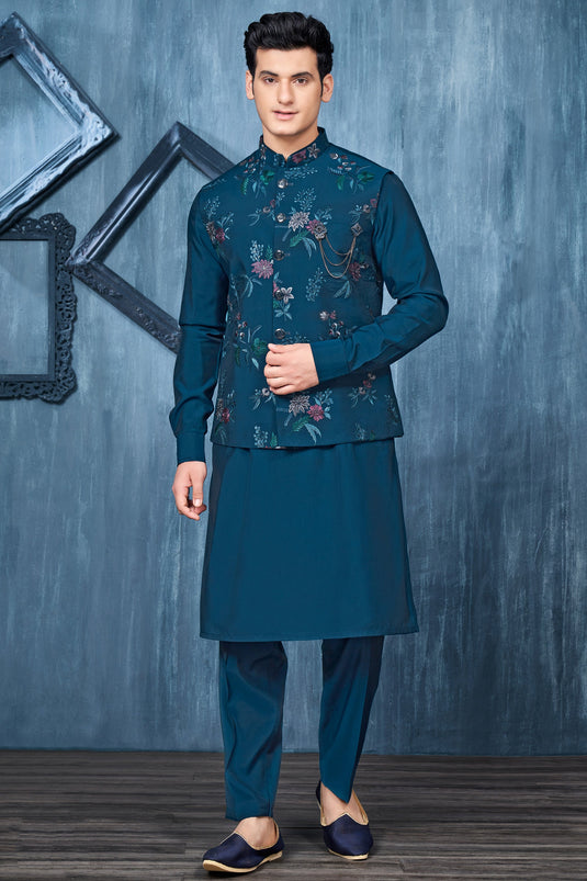 Teal Banarasi Silk Fabric Sangeet Wear Trendy Readymade Kurta Pyjama For Men With Jacket Set