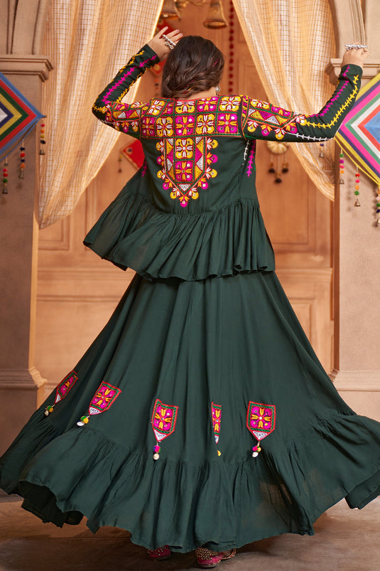 Embroidered Dark Green Color Navratri Special Lehenga Choli In Viscose Rayon Fabric