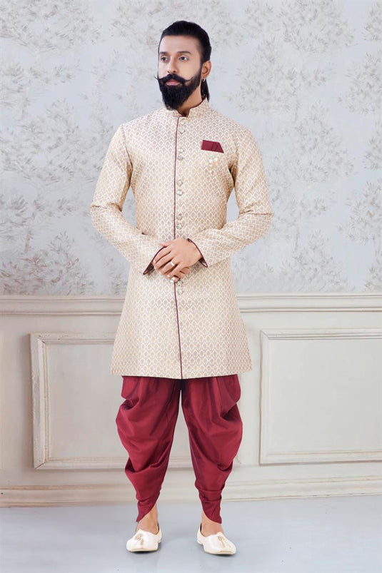 Striking Cream Color Brocade Fabric Festive Wear Stylish Readymade Dhoti Style Indo Western For Men