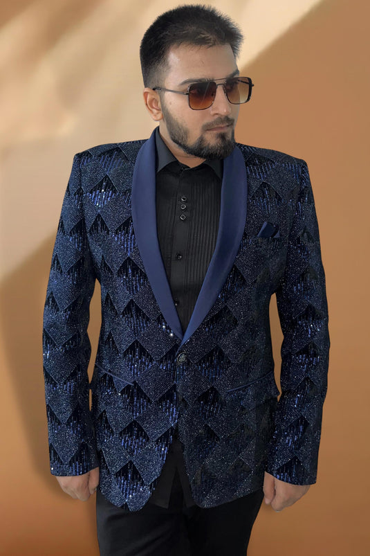 Blue Color Reception Wear Velvet Fabric Designer Readymade Blazer For Men
