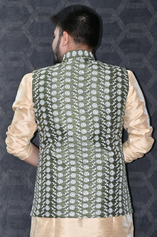 Art Silk Fabric Festive Wear Readymade Men Stylish Olive Color Jacket