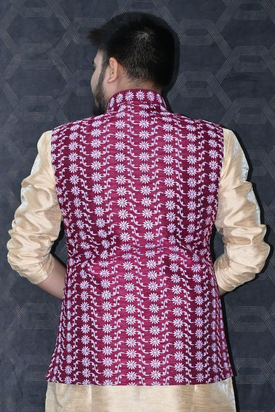 Art Silk Fabric Sangeet Wear Trendy Readymade Men Maroon Color Jacket