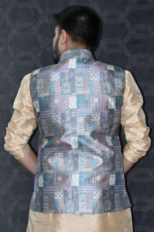 Gorgeous Art Silk Fabric Reception Wear Readymade Men Grey Color Jacket