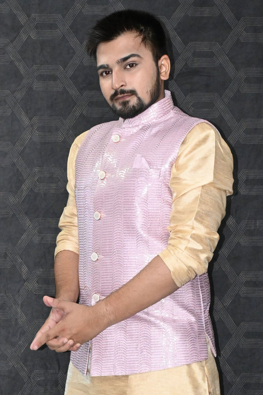 Fancy Art Silk Wedding Wear Readymade Designer Men Pink Color Jacket