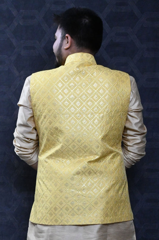 Stunning Art Silk Sangeet Wear Readymade Men Yellow Color Jacket