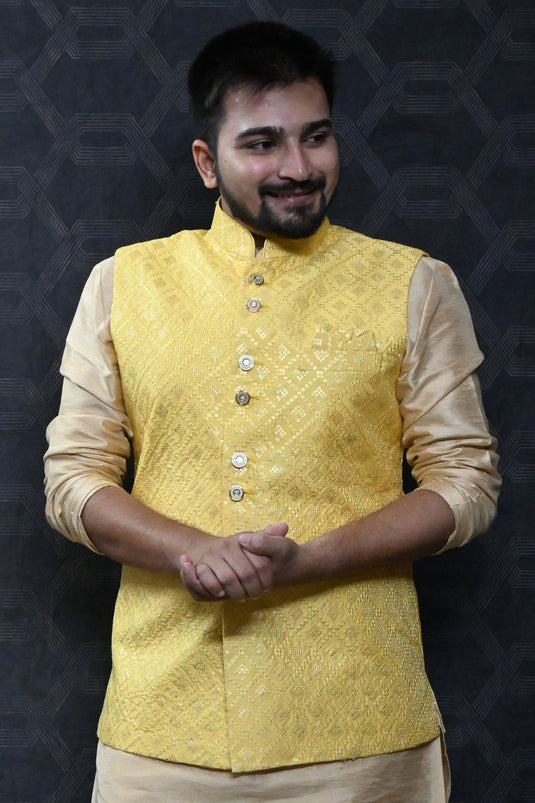 Stunning Art Silk Sangeet Wear Readymade Men Yellow Color Jacket