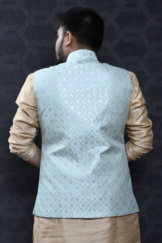 Function Wear Art Silk Fabric Readymade Lovely Men Blue Color Jacket
