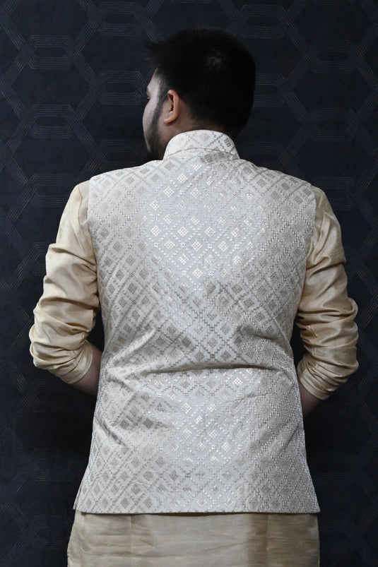 Art Silk Fabric Festive Wear Readymade Men Cream Color Jacket