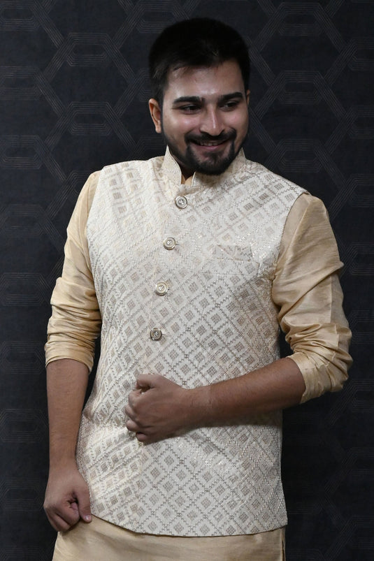 Art Silk Fabric Festive Wear Readymade Men Cream Color Jacket