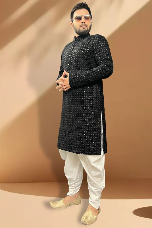 Striking Black Color Velvet Fabric Peshawari Style Indo Western Set