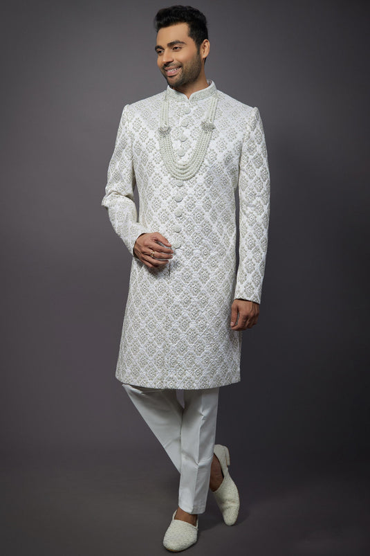Silk White Magnificent Readymade Men Indo Western For Wedding Wear