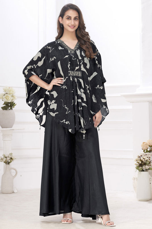 Trendy Muslin Fabric Black Color Poncho style Top With Bottom