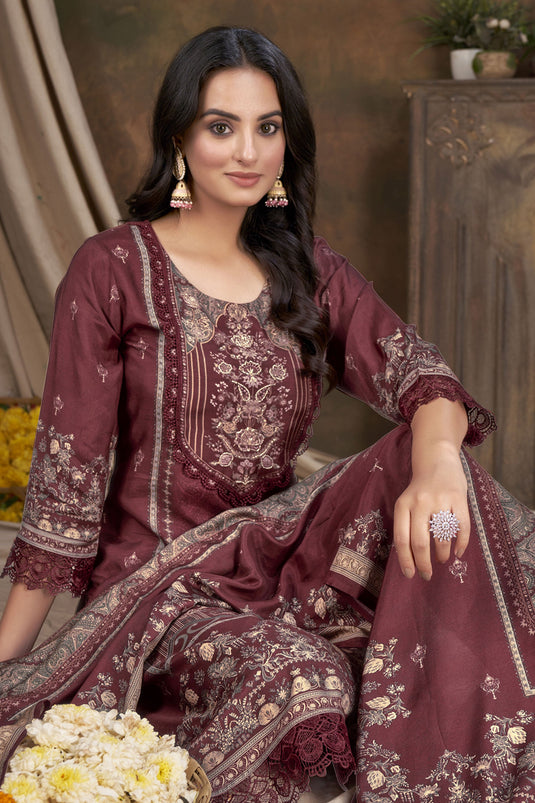 Dazzling Digital Printed Work Wine Color Salwar Suit In Muslin Fabric