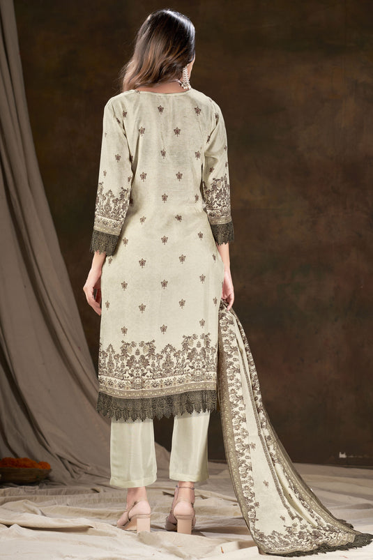 Entrancing Muslin Fabric Salwar Suit In Cream Color With Digital Printed Work