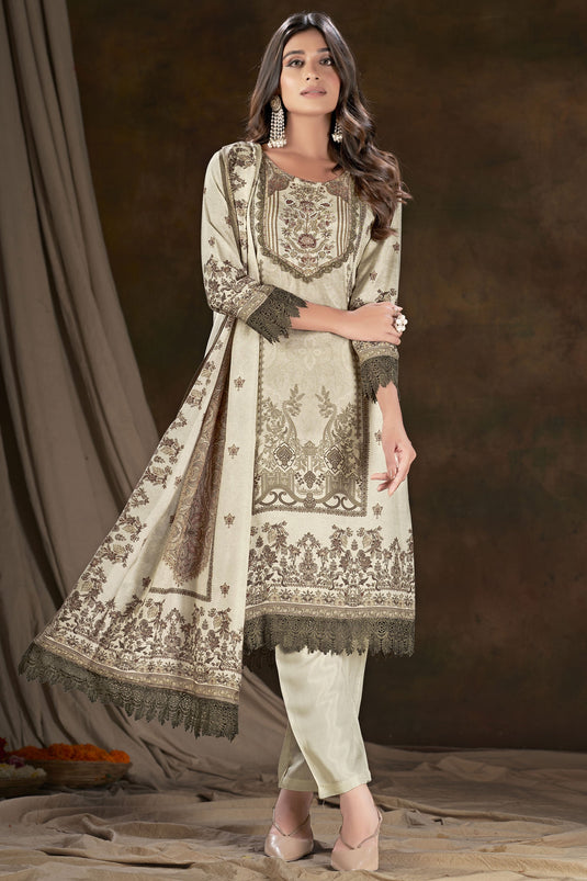 Entrancing Muslin Fabric Salwar Suit In Cream Color With Digital Printed Work