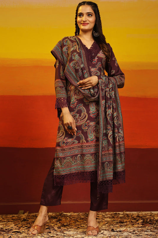 Incredible Digital Printed Work On Muslin Fabric Wine Color Salwar Suit