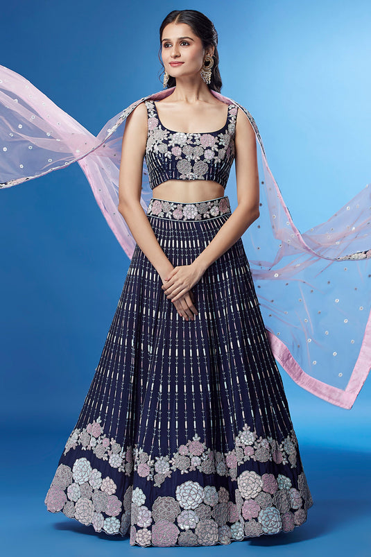 Occasion Wear Lehenga Choli In Navy Blue Georgette Fabric With Sequins Work
