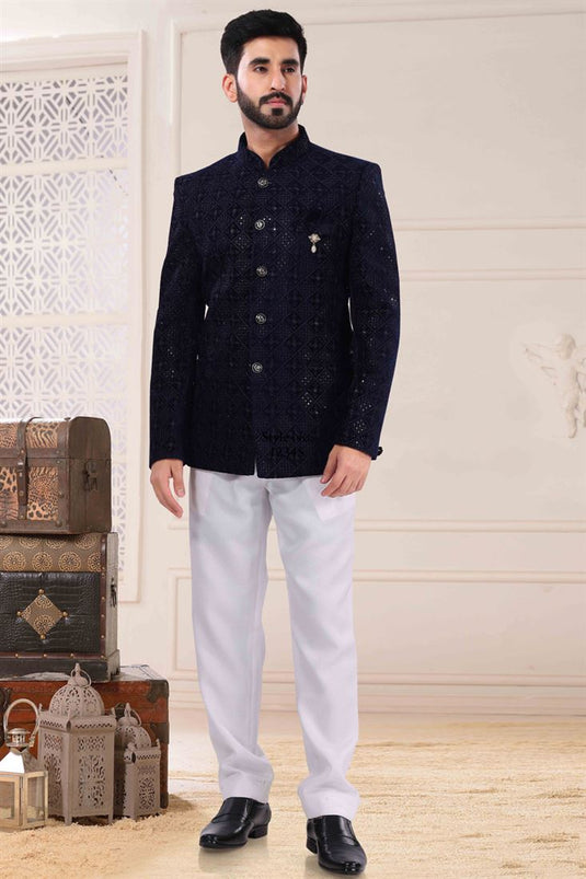 Aristocratic Function Look Navy Blue Color Jacquard Fabric Jodhpuri Suit