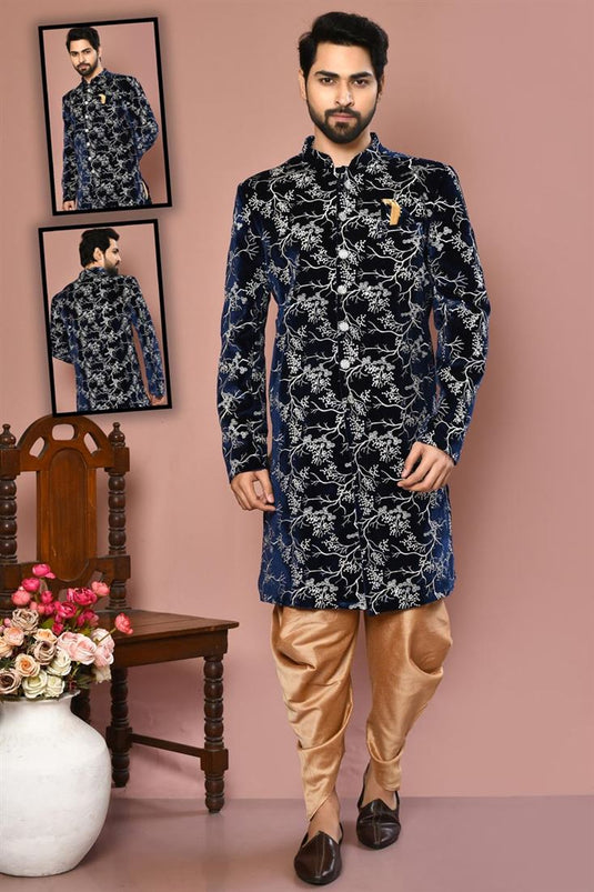 Splendiferous Navy Blue Color Velvet Fabric Sherwani