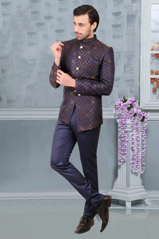 Reception Wear Navy Blue Color Fancy Rayon Fabric Readymade Jodhpuri For Men