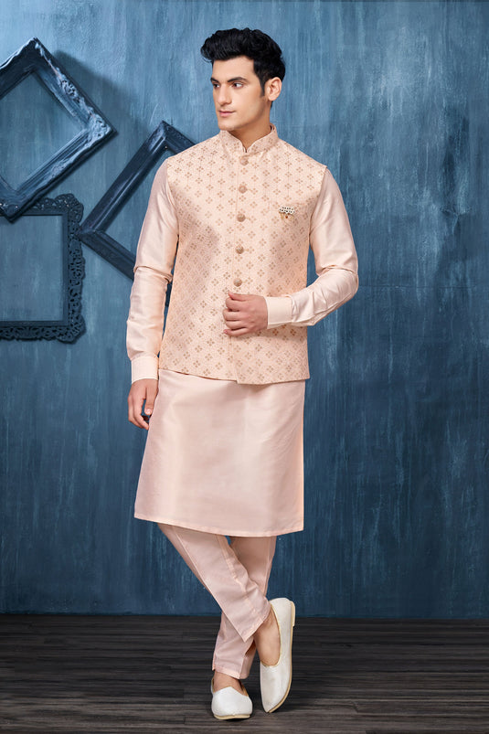 Peach Banarasi Silk Fabric Embroidery Work Sangeet Wear Trendy Readymade Kurta Pyjama For Men With Jacket