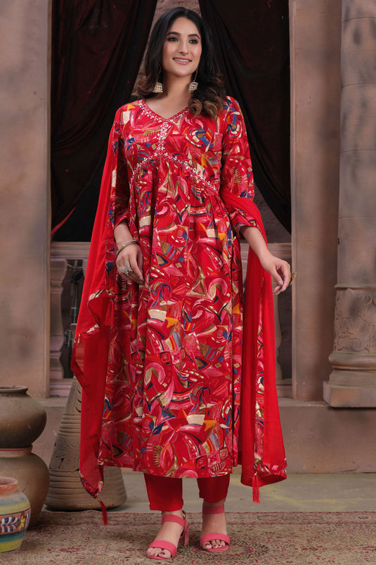 Red Color Festive Wear Printed Anarkali Salwar Suit In Rayon Fabric