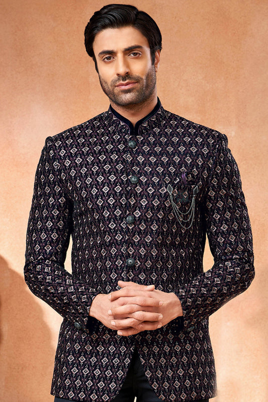 Navy Blue Velvet Fabric Wedding Wear Trendy Readymade Jodhpuri Jacket For Men
