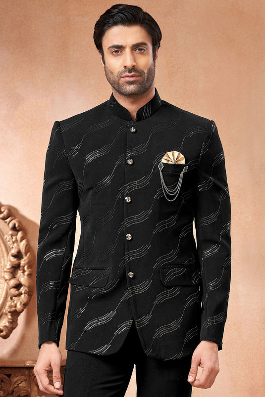 Pretty Fancy Fabric Wedding Wear Readymade Men Jodhpuri Jacket In Black Color