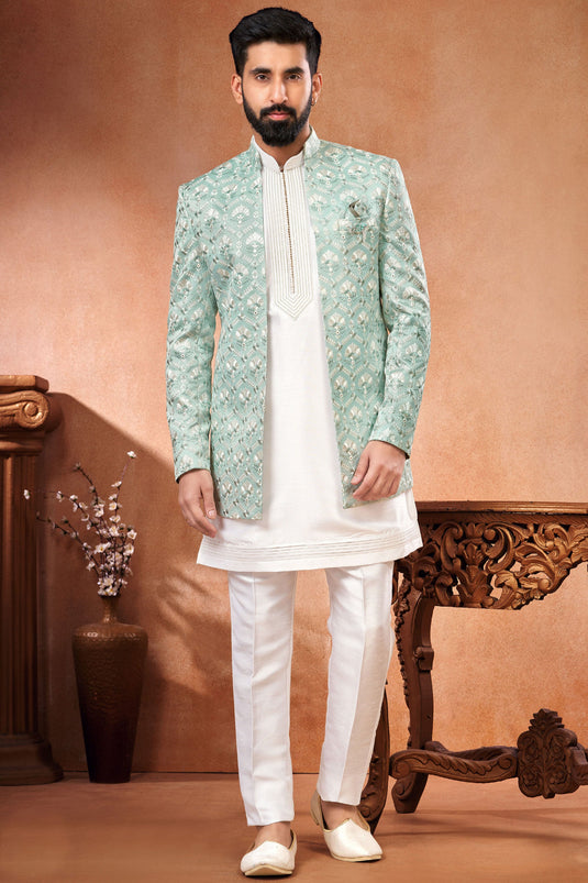 Banarasi Silk Sea Green Wedding Wear Readymade Glamorous Embroidery Work Indo Western Jodhpuri Suit For Men