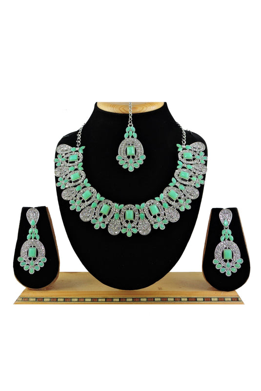 Alloy Material Sea Green Color Excellent Necklace With Earrings And Mang Tikka