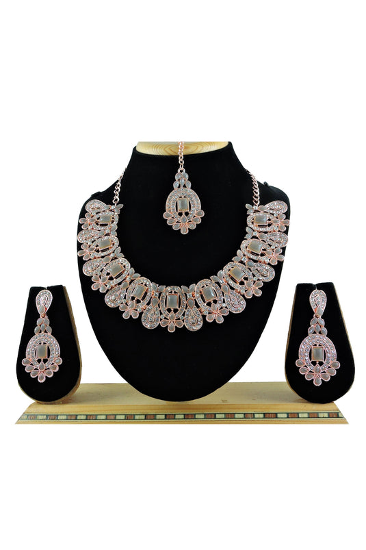 Grey Color Alloy Material Engaging Necklace With Earrings And Mang Tikka