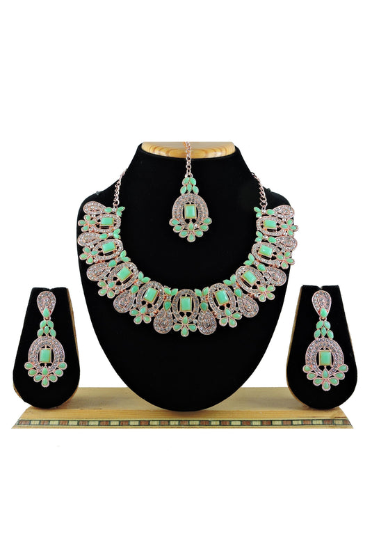 Creative Sea Green Color Alloy Material Necklace With Earrings And Mang Tikka