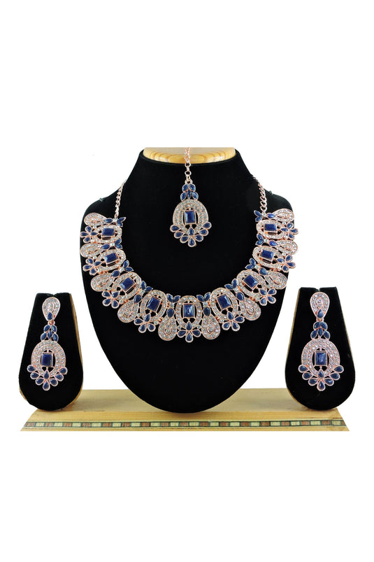 Excellent Alloy Material Navy Blue Color Necklace With Earrings And Mang Tikka