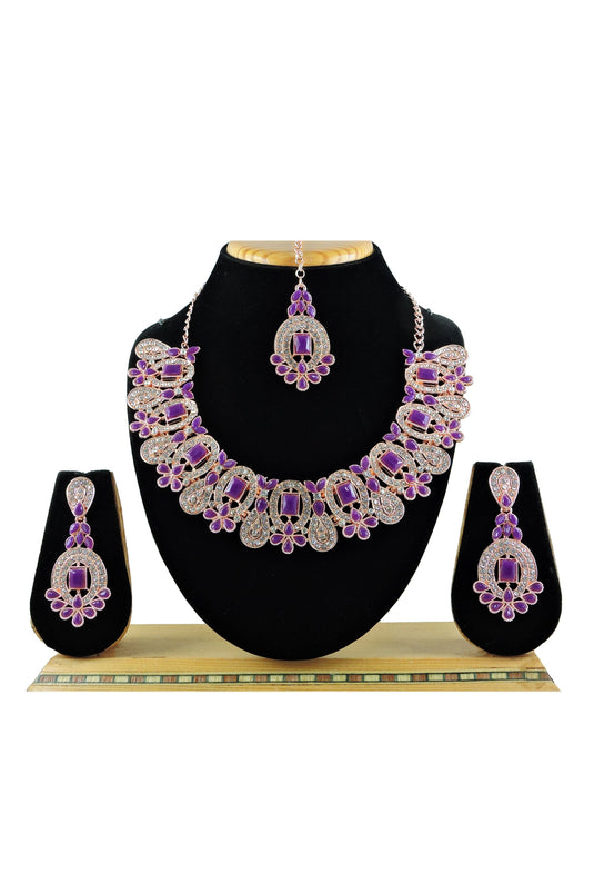 Incredible Alloy Material Purple Color Necklace With Earrings And Mang Tikka
