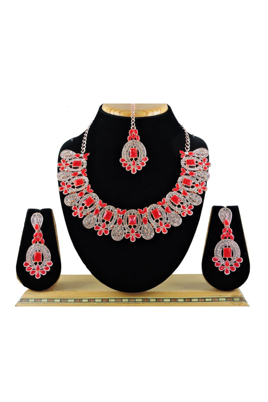 Tempting Alloy Material Red Color Necklace With Earrings And Mang Tikka