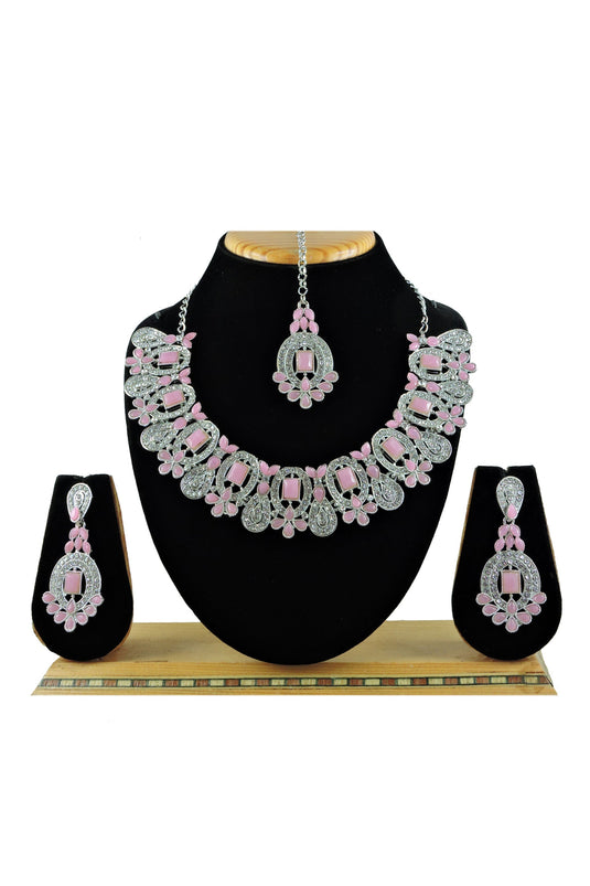 Alloy Material Pink Color Festive Wear Stylish Necklace Set With Earrings And Mang Tikka
