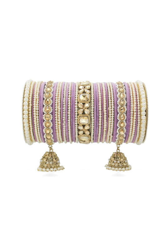 Lavender Color Engrossing Jhumki Bridal Set With Pearl Kadas In Alloy Material