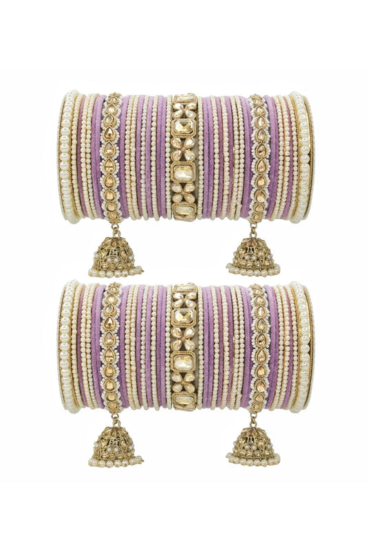 Lavender Color Engrossing Jhumki Bridal Set With Pearl Kadas In Alloy Material