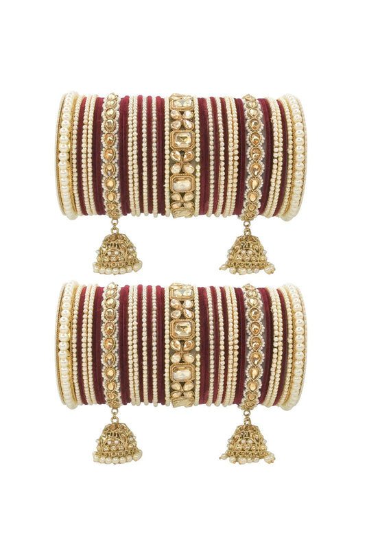 Riveting Alloy Material Jhumki Bridal Set With Pearl Kadas In Maroon Color
