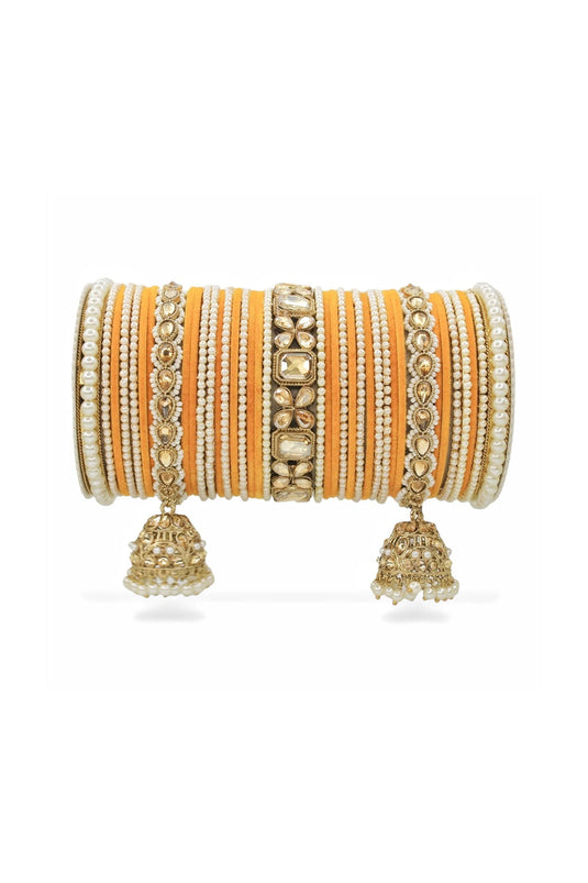 Alloy Material Orange Color Engaging Jhumki Bridal Set With Pearl Kadas