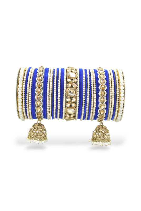 Blue Color Alloy Material Precious Jhumki Bridal Set With Pearl Kadas
