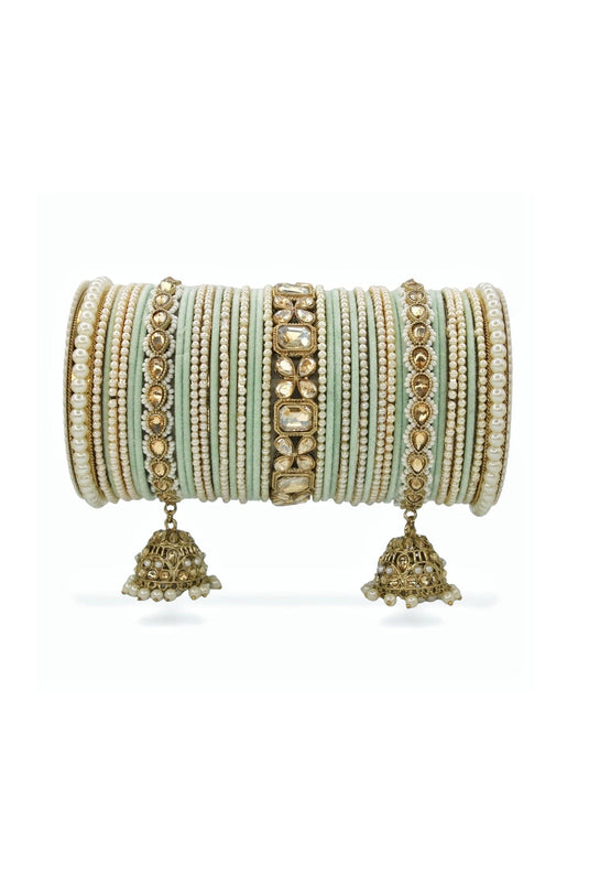 Fashionable Sea Green Color Alloy Material Jhumki Bridal Set With Pearl Kadas