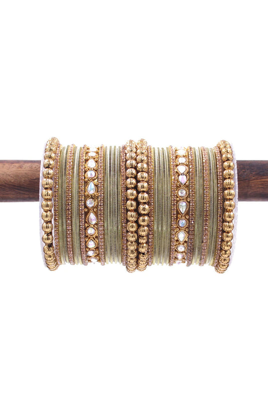 Alloy Material Luxurious Ethnic Bangle Set In Mehendi Green Color
