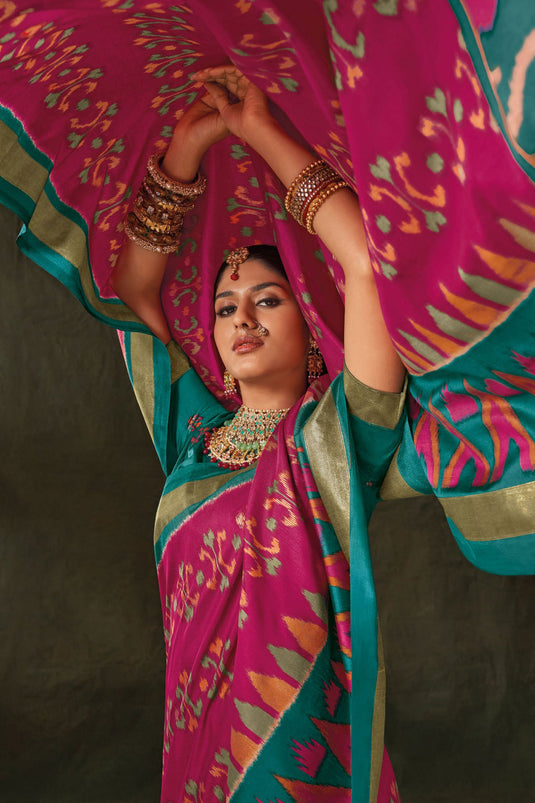 Printed Work On Rani Color Sober Saree In Art Silk Fabric
