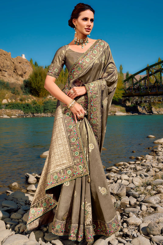 Grey Color Weaving Work Wedding Wear Saree In Silk Fabric