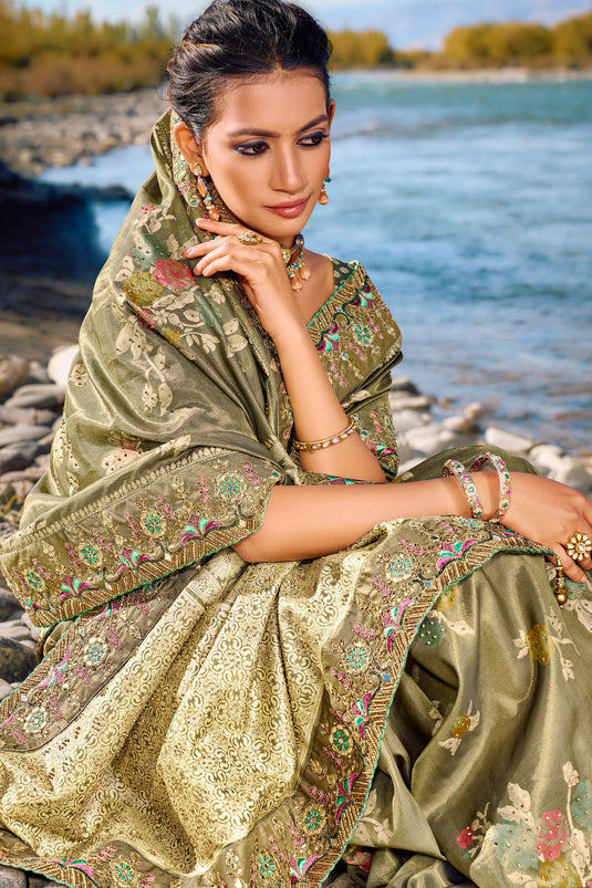 Wedding Wear Silk Fabric Weaving Work Saree In Olive Color